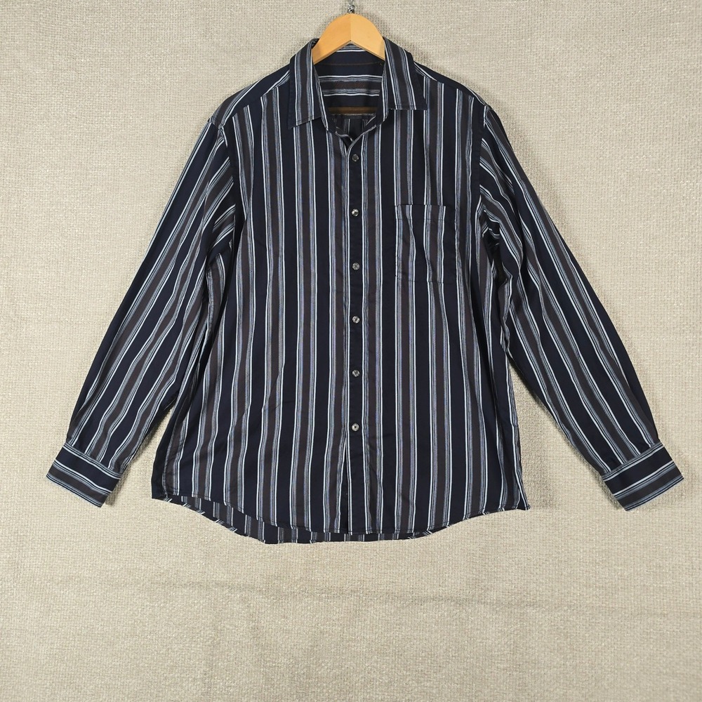 Tasso Elba Mens Size Large Navy Blue Grey Striped Cotton‎ Long Sleeve Shirt